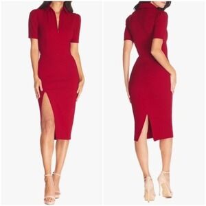 Dress the Population‎ Women's Gloria Collared Zip Neck Red Dress Sz L